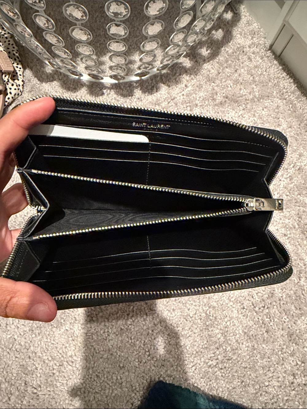 YSL Saint Laurent Black Croc-Embossed Zip Around Wallet with Silver YSL Logo - Picture 7 of 10